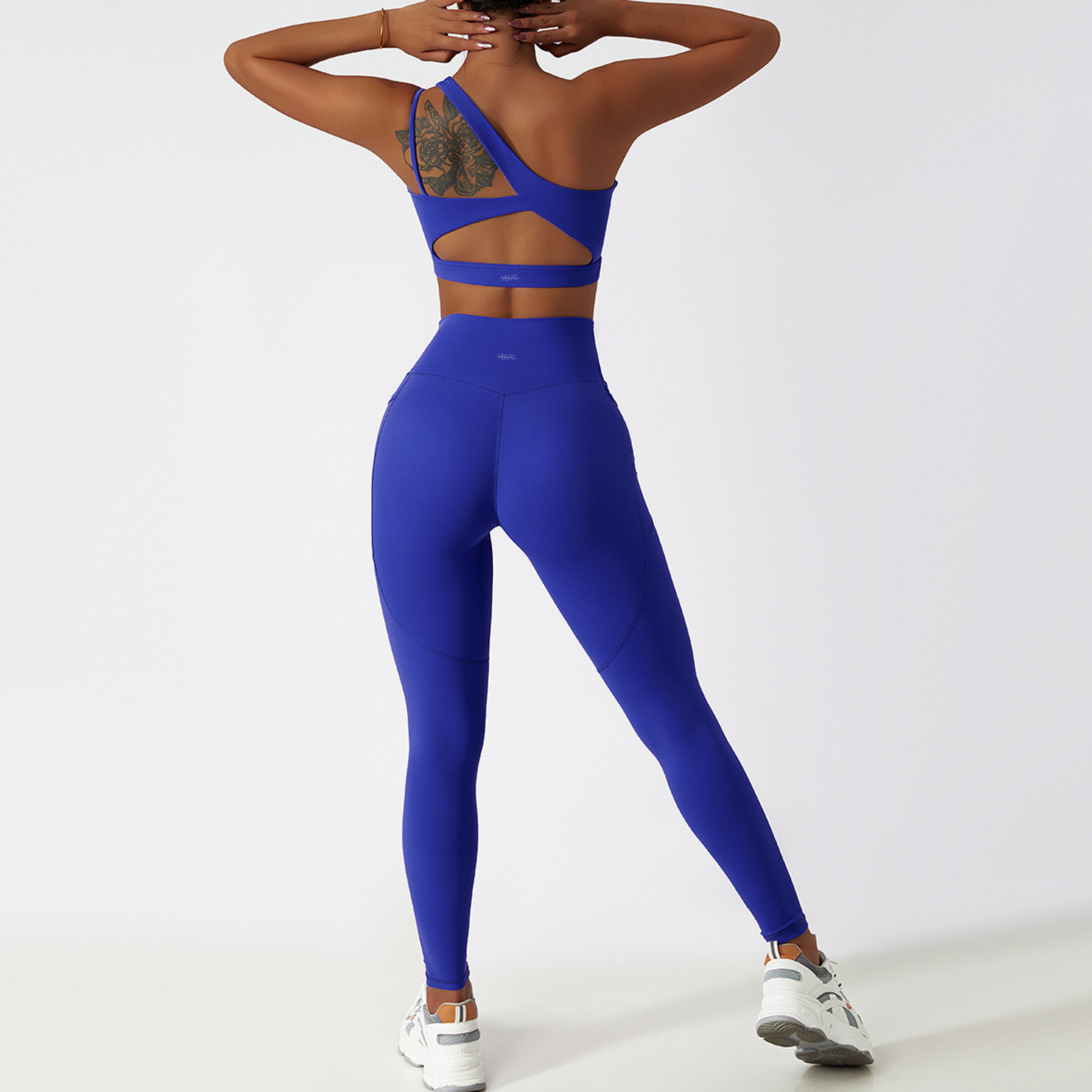 Back view of the sofia matching set in the colour electric blue from vibras activewear.