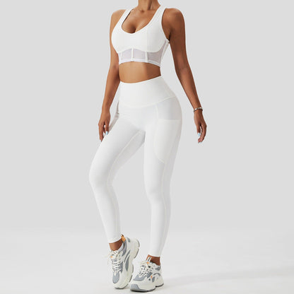 Fitness model wearing a white, sexy matching set from Vibras  Activewear.