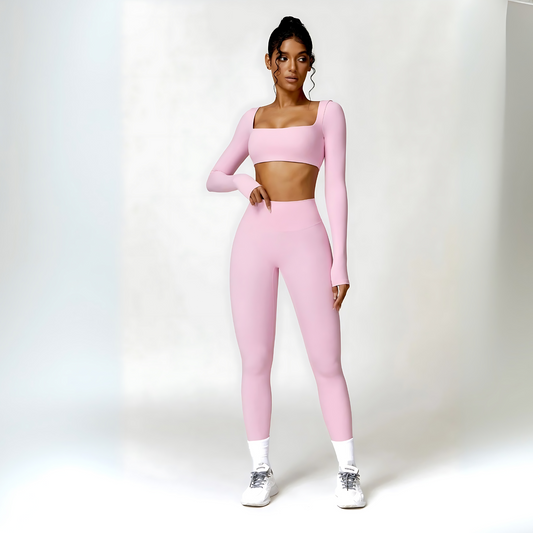 Valentina set with long sleeve crop top and high-waisted, rushed leggings from Vibras Activewear.