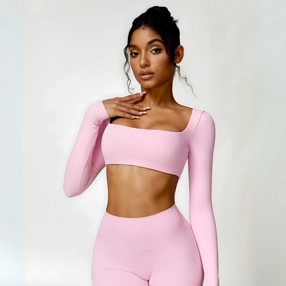 Pink Valentina set with long sleeve crop top and high-waisted leggings from Vibras Activewear.
