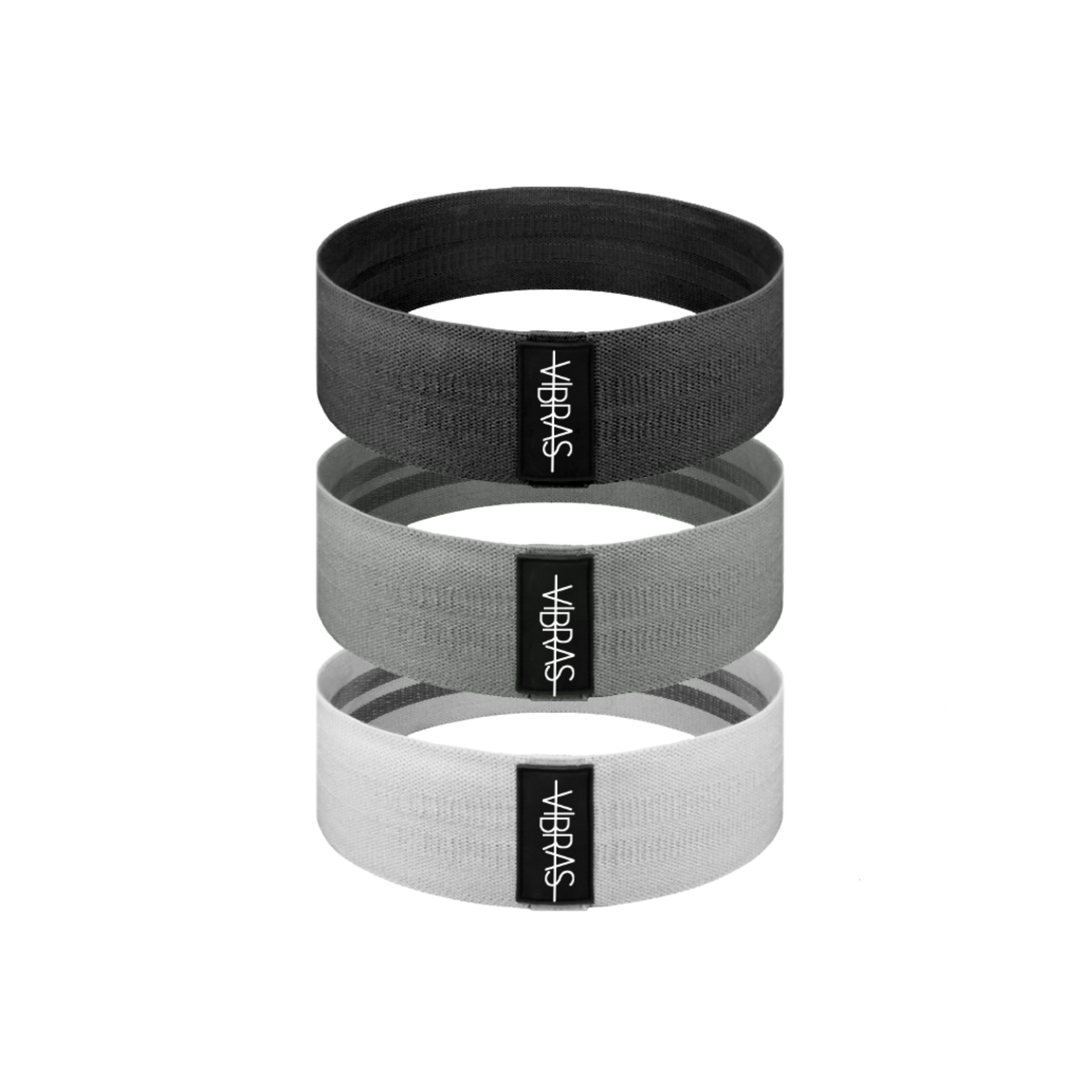 a set of three anti-slip, thick booty resistance bands for workout in three different colors black, grey and ash on a white background.