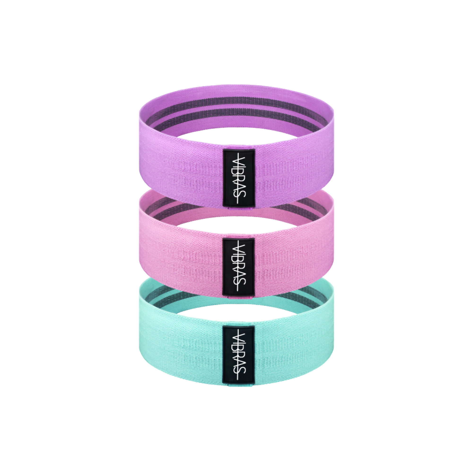 a set of three thick and anti slip booty resistance bands for workout in three different colors magenta, pink and teal on a white background.
